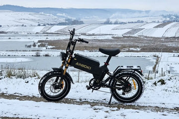 ANIIOKI A8 electric bike parked on a snowy path during winter with a snow-covered landscape and frozen ponds in the background--Can You Ride an E-Bike in the Snow？
